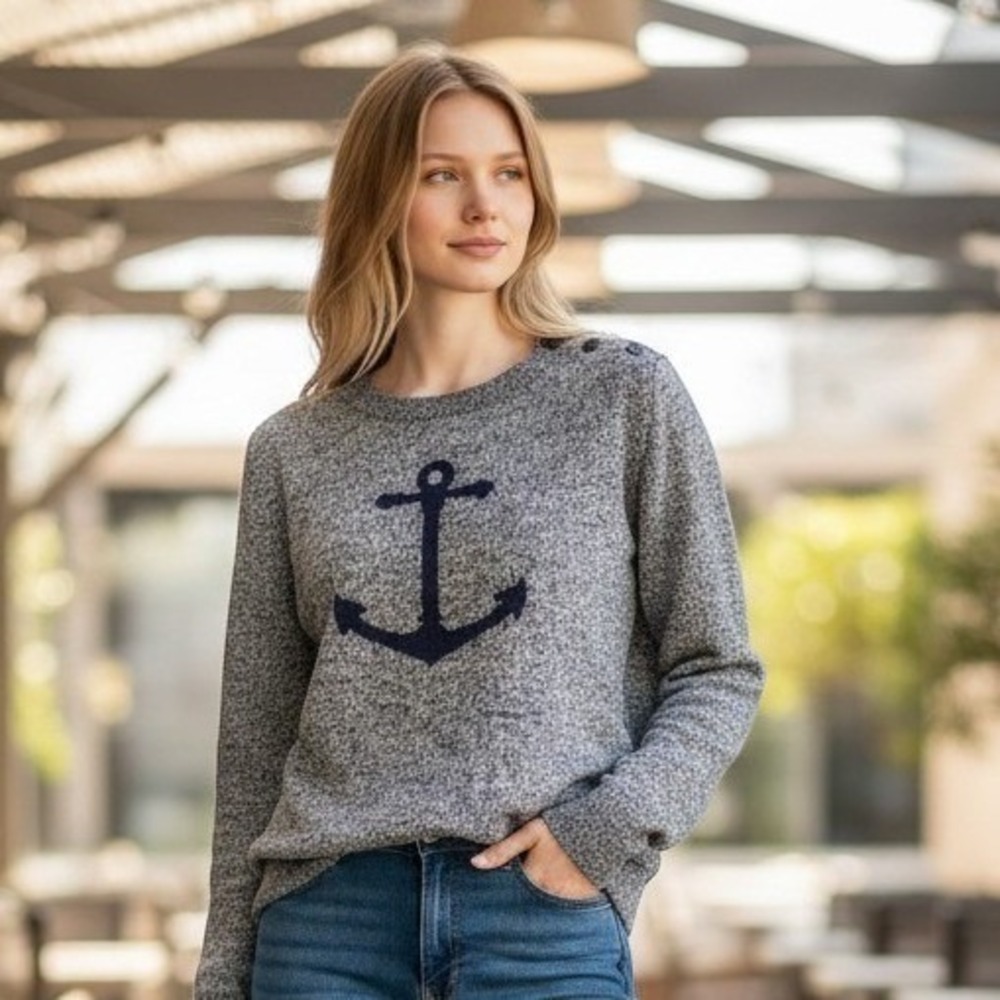 Nautica Knit Sweater Womens Small Blue White Striped Crewneck Button Shoulder